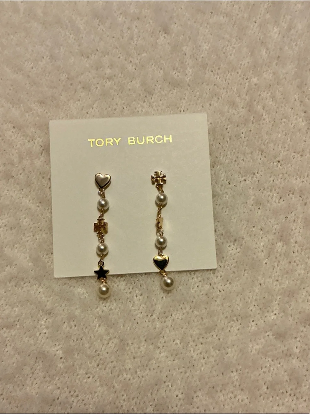 Tory Burch Gold-tone Heart & Star Pearl Drop Earrings - Picture 3 of 3